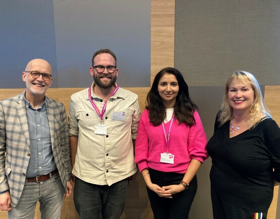 Theatres Trust Director Jon Morgan with Boardroom Apprentices Dave Lamb and Manpreet Gill, and Trustee Truda Spruyt